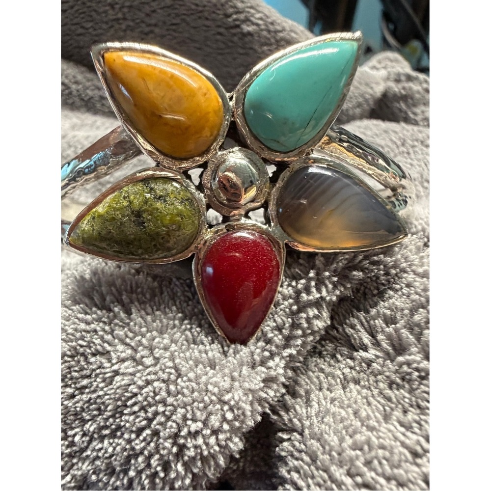 Barse Vintage Sterling Silver Multi Gemstone Flower Cuff 925 - Picture 10 of 16